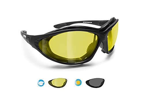 BERTONI Gafas de Moto Lentes Fotocromaticas Polarizadas - Patillas sustituibles con banda elastica - P333FTA Italy Negro Opaco - Gafas Motoristas Envolventes Anti-viento