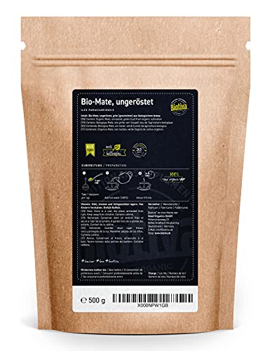Biotiva Infusión de mate orgánica 500 g - infusión de mate verde sin tostar - hojas de hierba mate con cafeína - cultivo orgánico - empacada y verificada en Alemania