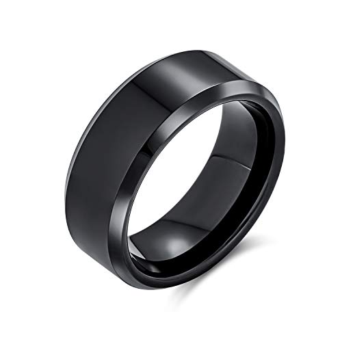 Bling Jewelry Simple Borde Biselado Negro Parejas Titanio Anillo de Alianza de Boda para Hombres para Mujeres Comfort Fit 8MM