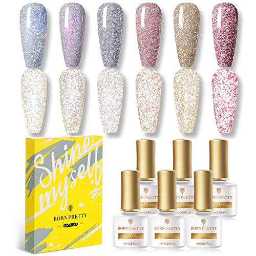 BORN PRETTY Esmaltes Semipermanentes reflectante, Esmalte de uñas Purpurina, Esmalte de uñas con brillo de diamante, Pintauñas Soak Off UV LED Gel Nail Art Manicure DIY 6 Colores