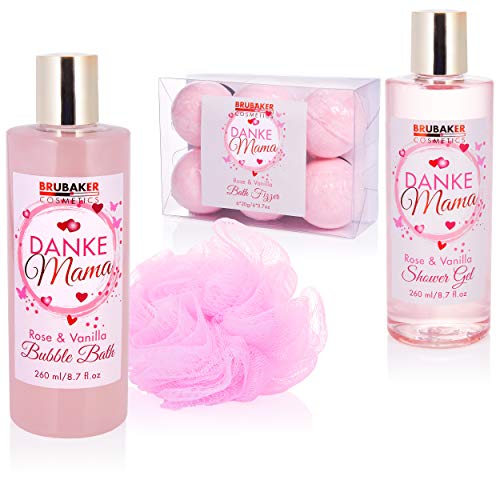 BRUBAKER Cosmetics - Gracias Mamá Set Baño y Ducha del Día de la Madres - Rosa Vainilla - Caja de Regalo en Cesto Decorativa - 13 Piezas
