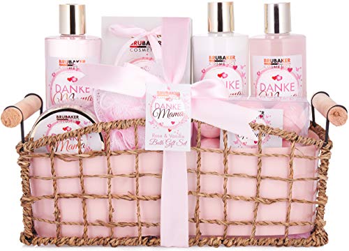 BRUBAKER Cosmetics - Gracias Mamá Set Baño y Ducha del Día de la Madres - Rosa Vainilla - Caja de Regalo en Cesto Decorativa - 13 Piezas