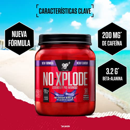 BSN N.O.-Xplode Pre-workout Powder, Suplemento Deportivo con Cafeína, Aminoácidos, Vitamina C y Zinc, Purple Power, 50 Porciones, 650 g, Embalaje Puede Variar