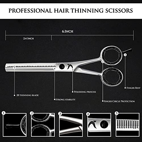 Candure Tijeras Entresacar Profesional Barbero Tijera de Cortar el Pelo 6” Acero Inoxidable Tijeras de Adelgazamiento Peluquería Esculpir para Niños, Hombres, Mujeres y Salones