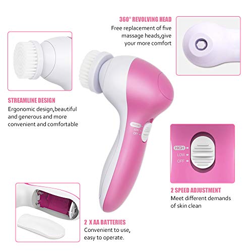 Cepillo Limpiador Facial, Limpiador Facial Eléctrico, 2 Velocidades Cepillo Facial Vibratorio con 5 Cabezales Limpiador, para Limpieza Profunda y Exfoliación
