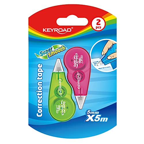 Cintas Correctoras Mini - Pack de 2 en Color Verde y Rosa - Aplicación en Seco - Diseño Ergonómico y Cómodo Agarre - Cinta Correctora con Tapa de Protección - Keyroad (KR971915)