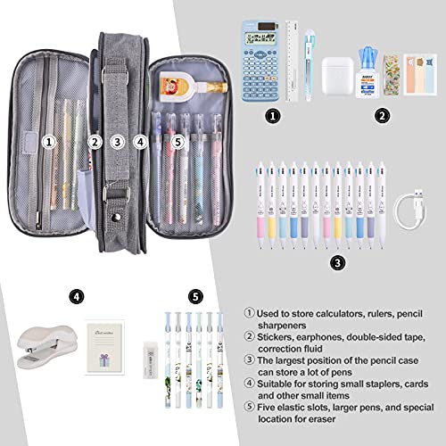 CITAMAMA Estuche Escolar de Gran Capacidad, Estuche Escolar 3 Compartimentos Portable Estuche Organizador Portalapices con Cremallera Doble, para Hombre Mujer Adolescentes Adultos (Gris)