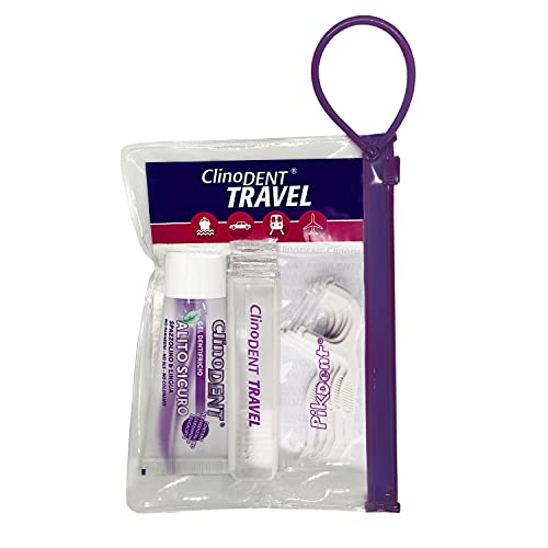 Clinodent Travel - Kit de higiene bucal de bolsillo: bolsa, cepillo plegable, gel dentífrico aliento seguro sin necesidad de enjuague, horquillas interdentales