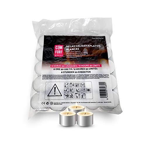 COM-FORT HOUSE | Velas Blancas | Pack velas de 100 Unidades | Velas de Té Calientaplatos | Tealight | 4 Horas de Duración | Velas Decorativas Sin Perfume |