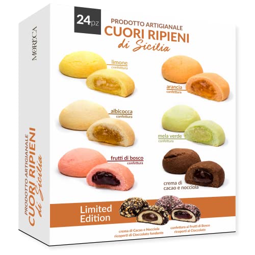 Corazones Rellenos Sicilianos, 24 bizcochos surtidos de una sola porción | 18 Corazones rellenos de Mermelada y 6 Corazones rellenos de Nata| Moreca, dulces sicilianos, producción artesanal
