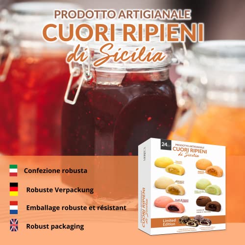 Corazones Rellenos Sicilianos, 24 bizcochos surtidos de una sola porción | 18 Corazones rellenos de Mermelada y 6 Corazones rellenos de Nata| Moreca, dulces sicilianos, producción artesanal