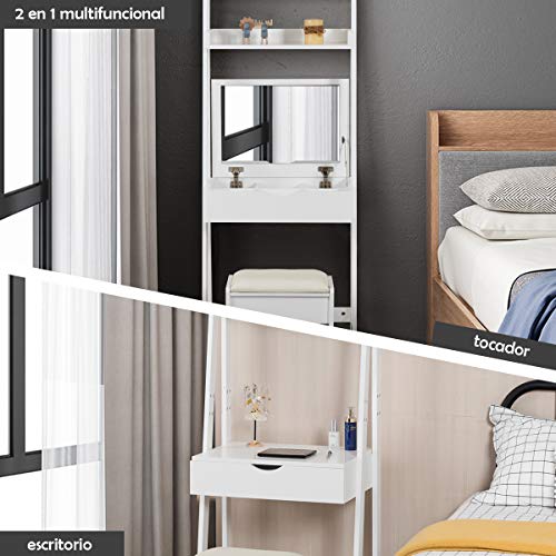 COSTWAY Tocador con Espejo Plegable Taburete y Estantes Mesa de Maquillaje Escritorio para Habitación Dormitorio Blanco