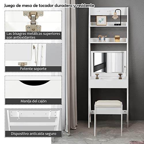 COSTWAY Tocador con Espejo Plegable Taburete y Estantes Mesa de Maquillaje Escritorio para Habitación Dormitorio Blanco