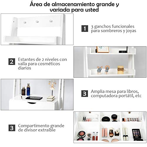 COSTWAY Tocador con Espejo Plegable Taburete y Estantes Mesa de Maquillaje Escritorio para Habitación Dormitorio Blanco