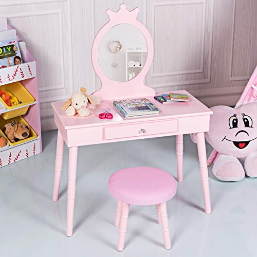 COSTWAY Tocador de Maquillaje con Taburete y Espejo para Niña de Madera 70x34x100 centímetros Mesa de Belleza con Cajón (Rosa)