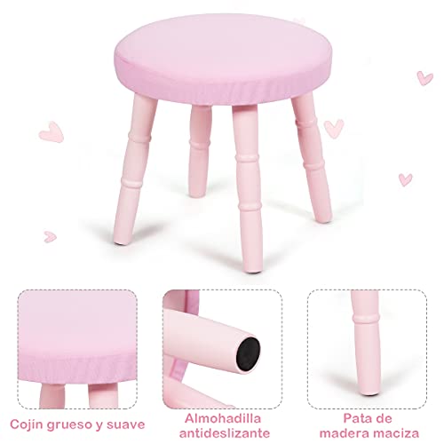 COSTWAY Tocador de Maquillaje con Taburete y Espejo para Niña de Madera 70x34x100 centímetros Mesa de Belleza con Cajón (Rosa)