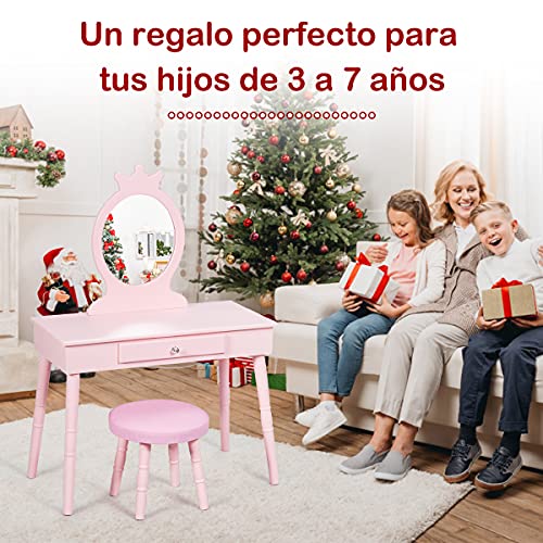 COSTWAY Tocador de Maquillaje con Taburete y Espejo para Niña de Madera 70x34x100 centímetros Mesa de Belleza con Cajón (Rosa)