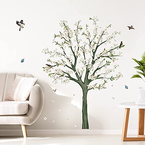 decalmile Pegatinas de Pared Árbol de Flores Blanco Vinilos Decorativos Albaricoque Aves en Rama Adhesivos Pared Dormitorio Salón Oficinas