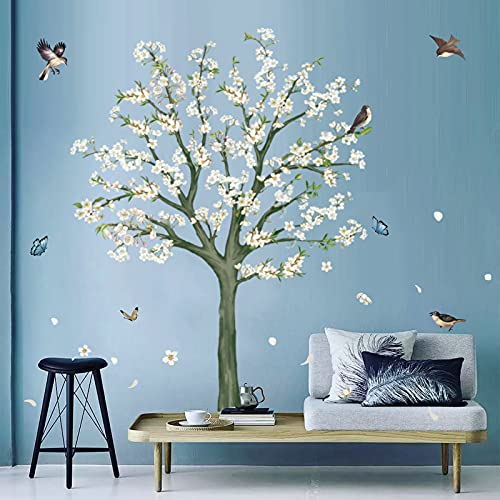 decalmile Pegatinas de Pared Árbol de Flores Blanco Vinilos Decorativos Albaricoque Aves en Rama Adhesivos Pared Dormitorio Salón Oficinas