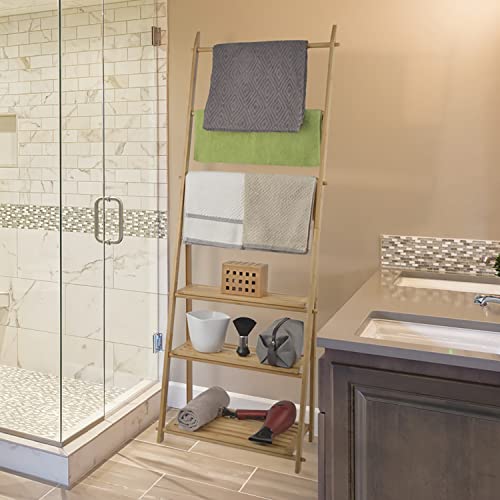Dimono® Toallero de Bambú Estante de Baño; Ahorro de Espacio y Estante de Escalera Independiente; Estante de Baño con Almacenamiento, Ropa y Toallero