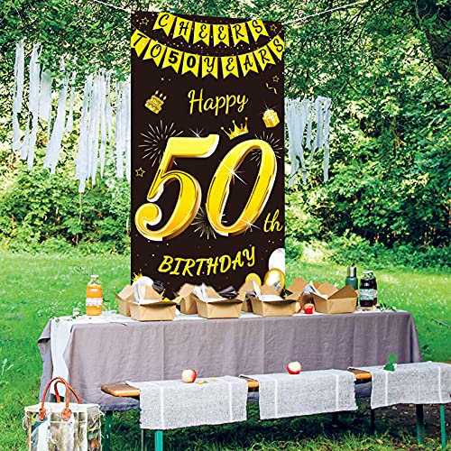 DPKOW Oro Negro 50 Años Cumpleaños Decoración para Hombre Mujer, Oro Negro Pancarta para 50 Cumpleaños Puerta Fondo Decoración, para 50 Años Cumpleaños Mesa Jardín Decoración, 185 x 90cm