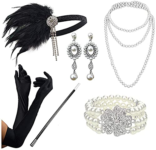DRESHOW 1920s Accesorios Set Años 20 Fiesta Disfraz Gran Gatsby Diadema, Collar, Guantes,Pendientes, Porta Cigarrillos para Mujeres
