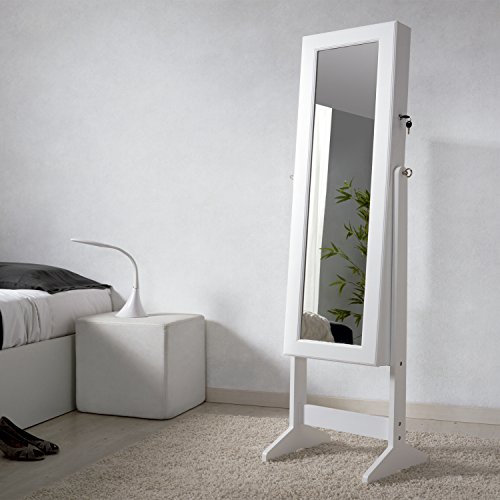 duehome Espejo Joyero, Guardajoyas de Pie, Armario para Joyas, Modelo Gala, Acabado en Color Blanco, Medidas: 160cm (Alto) x 41 cm (Ancho) x 36 cm (Fondo)