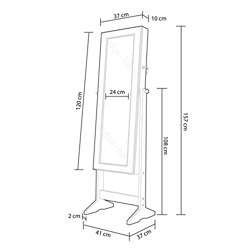 duehome Espejo Joyero, Guardajoyas de Pie, Armario para Joyas, Modelo Gala, Acabado en Color Blanco, Medidas: 160cm (Alto) x 41 cm (Ancho) x 36 cm (Fondo)