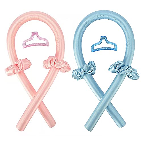 Dzmuero Rizador Pelo Sin Calor rizador Pelo Ondas Rulos Flexibles para Rizar Pel + Círculos para el Cabello + Pinza, 2 Conjuntos (Rosa y Azul)