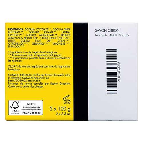 Écrin De Fleur | Jabón de Limón | Certificado Orgánico | Hecho a Mano en Francia | Aroma Natural y Refrescante | Jabón Corporal y Facial | Saponificación en Frio | sin Aceite de Palma | 2 x 100g