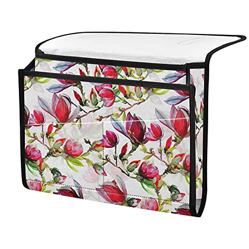 Emelivor Organizador de mesita de noche con flores Magnolia, organizador de almacenamiento para literas, dormitorios, cama de hospital para tableta, revistas, teléfonos remotos, libros