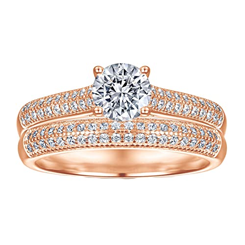 Epinki Anillo Mujer de Plata Ley 925, Juego de 2 Anillos Circulo Oro Rosa Circonita Anillos de Compromiso Talla 22