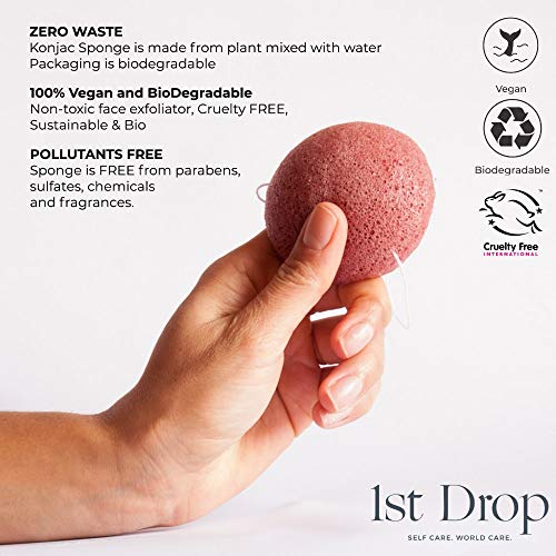 Esponja Konjac Limpiador Facial Orgánico con Arcilla Roja Francesa - pieles maduras y cansadas exfoliante ecológico para puntos negros scrub facial limpieza, peeling natural, limpiador facial 1stDrop