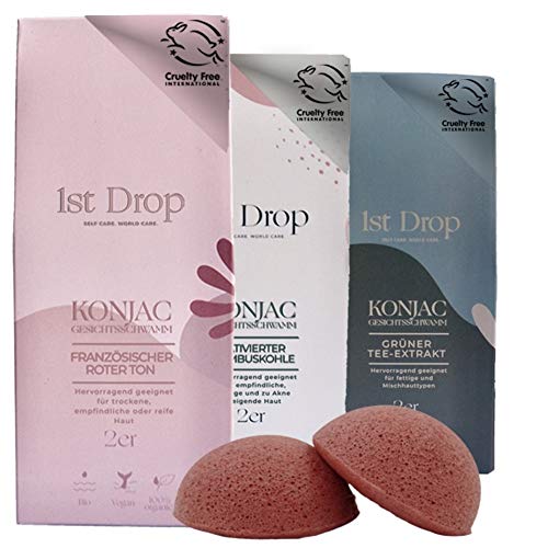 Esponja Konjac Limpiador Facial Orgánico con Arcilla Roja Francesa - pieles maduras y cansadas exfoliante ecológico para puntos negros scrub facial limpieza, peeling natural, limpiador facial 1stDrop