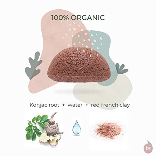 Esponja Konjac Limpiador Facial Orgánico con Arcilla Roja Francesa - pieles maduras y cansadas exfoliante ecológico para puntos negros scrub facial limpieza, peeling natural, limpiador facial 1stDrop