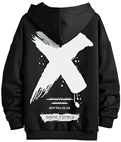 EUDOLAH Sudadera Casual Oversize Hombre Chico con Capucha y Mangas Largas Top Estilo Callejero con Estampado Letras(1 Negro,M)
