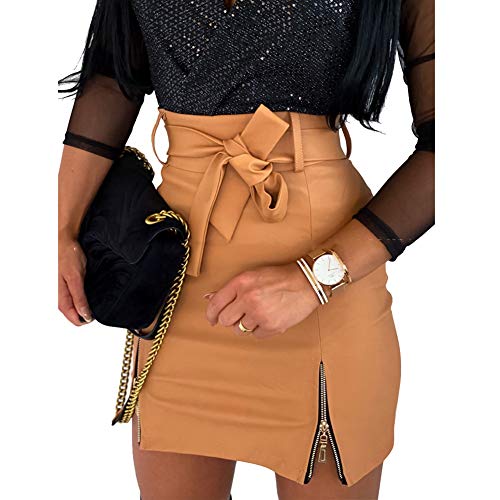 Falda Corta de Cuero Verano para Mujer Mini Falda Ajustada de Piel Sintética de Color Liso Falda Sexy y Elegante de Cintura Alta con Cremallera para Mujer (Marrón, XXL)