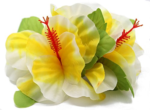 Fiesta de Hawaii Luau Artificial Tela Doble grande Hibisco Pinzas de cabello Blanco con borde amarillo