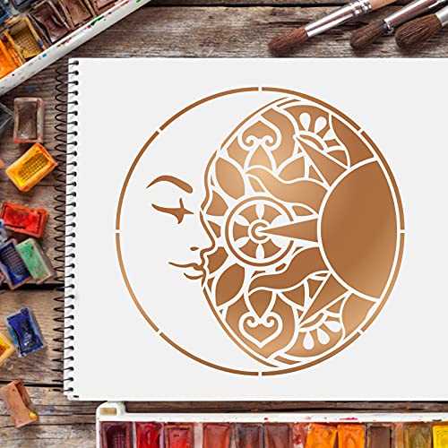 FINGERINSPIRE Plantillas decorativas para sol y luna, 30 x 30 cm, de plástico, diseño de sol y luna, plantillas cuadradas reutilizables para pintar sobre madera, piso, pared y azulejos