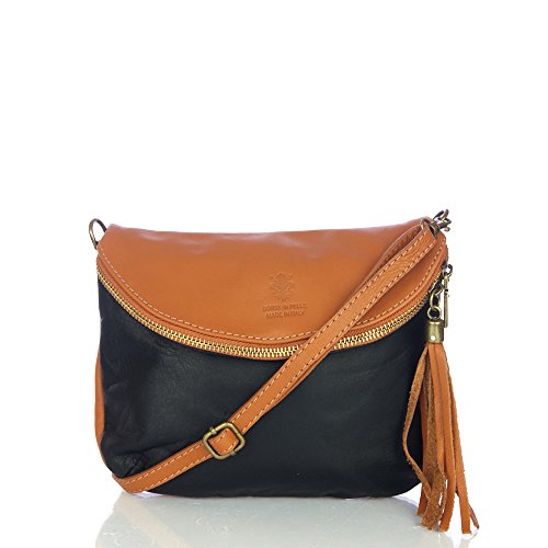 Firenze ARTEGIANI.Bolso de Mujer Piel auténtica. Bolso Mujer con Solapa Media Luna.Bolso de Piel Acabado Savage Tacto Suave. Made IN Italy. Vera Pelle Italiana. 23x19x4 cm. Color: Negro/Cuero