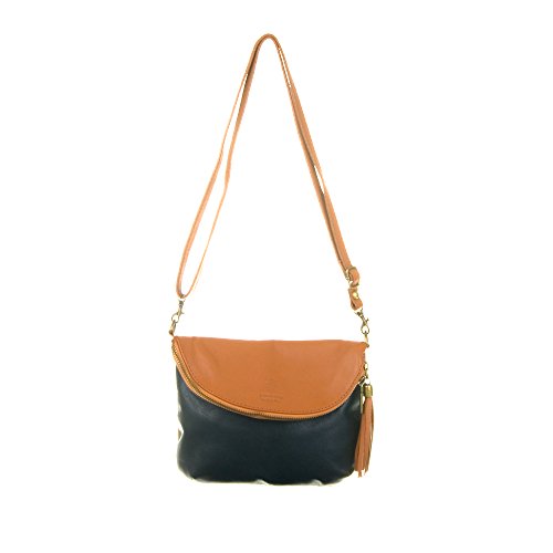 Firenze ARTEGIANI.Bolso de Mujer Piel auténtica. Bolso Mujer con Solapa Media Luna.Bolso de Piel Acabado Savage Tacto Suave. Made IN Italy. Vera Pelle Italiana. 23x19x4 cm. Color: Negro/Cuero