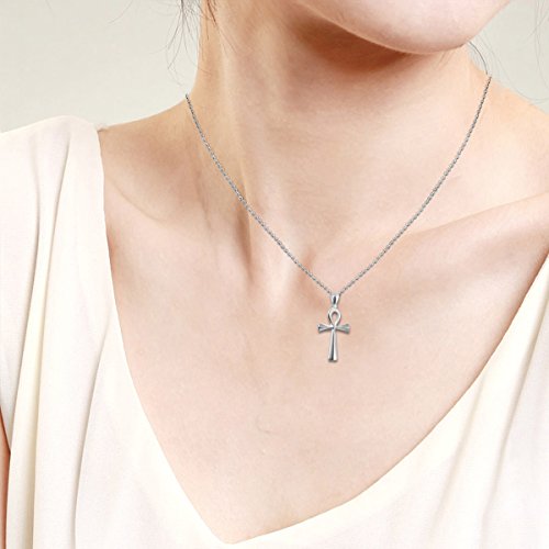 Flongo Colgante de Cruz Ankh Egipto Acero Inoxidable de Color Plata Egipcio Collar para Hombre Mujer Retro Vintage, Cadena 50cm
