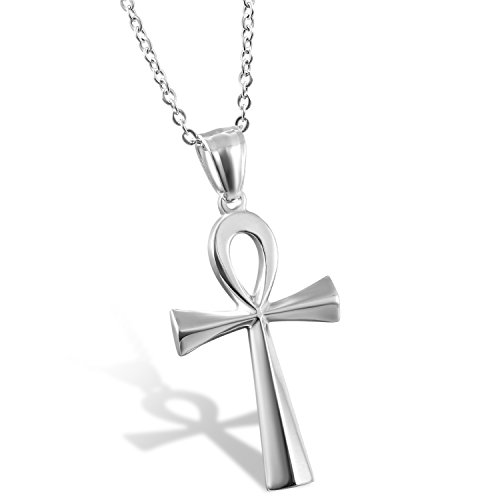 Flongo Colgante de Cruz Ankh Egipto Acero Inoxidable de Color Plata Egipcio Collar para Hombre Mujer Retro Vintage, Cadena 50cm