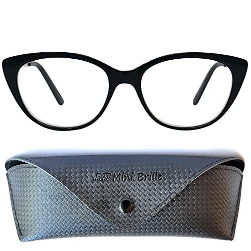 Gafas de Lectura de Ojos de Gato con Grandes Lentes - Funda de Gafas Incluida GRATIS, Montura de Plástico (Negra) con Patillas de Acero Inoxidable Para Leer Para Mujer +1.5 dioptrías