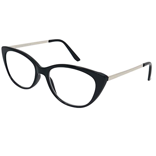 Gafas de Lectura de Ojos de Gato con Grandes Lentes - Funda de Gafas Incluida GRATIS, Montura de Plástico (Negra) con Patillas de Acero Inoxidable Para Leer Para Mujer +1.5 dioptrías
