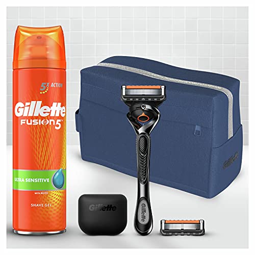 Gillette - Set de regalo de afeitadora ProGlide para hombre + 1 hoja de repuesto + gel de afeitado Fusion5 de 200 ml + cubierta de viaje + bolsa de viaje