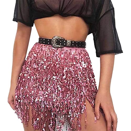 Glitter Skirt with Fringe Dance Skirt Women's Short Waisted and Sequin Trim Dance Skirt British Style Fashion Party and Carnival New Hot Mini Skirt (Pink, One Size)