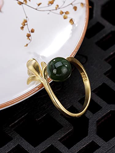 GNEHSL Anillo De Piedra Natural Elegante Ajustable - S925 Hetian Jade Jasper Anillo De Dedo Abierto con Cuentas Redondas, Anillo De Cola Apilable para Dama De Orquídea, Únicos para