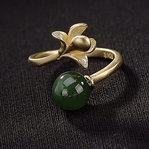 GNEHSL Anillo De Piedra Natural Elegante Ajustable - S925 Hetian Jade Jasper Anillo De Dedo Abierto con Cuentas Redondas, Anillo De Cola Apilable para Dama De Orquídea, Únicos para