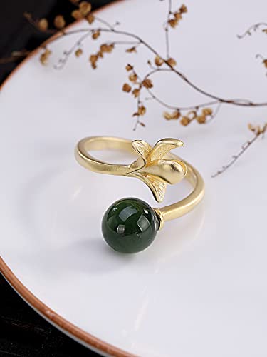 GNEHSL Anillo De Piedra Natural Elegante Ajustable - S925 Hetian Jade Jasper Anillo De Dedo Abierto con Cuentas Redondas, Anillo De Cola Apilable para Dama De Orquídea, Únicos para
